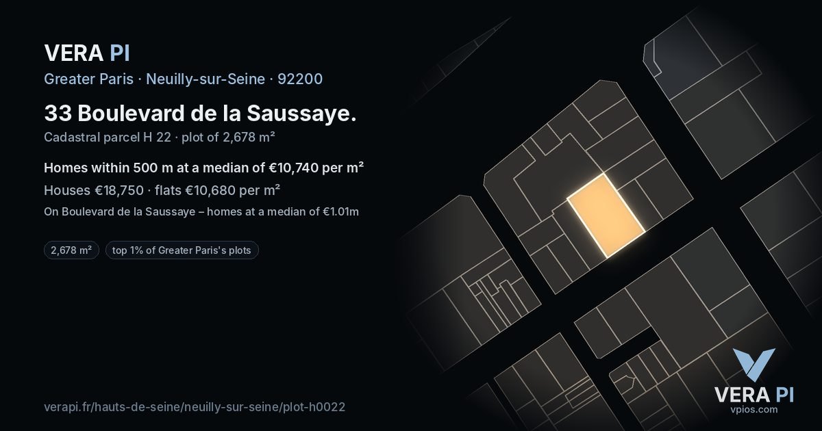 33 Boulevard de la Saussaye, Neuilly-sur-Seine at night – the plot lit, the parcels around coloured by the prices near them
