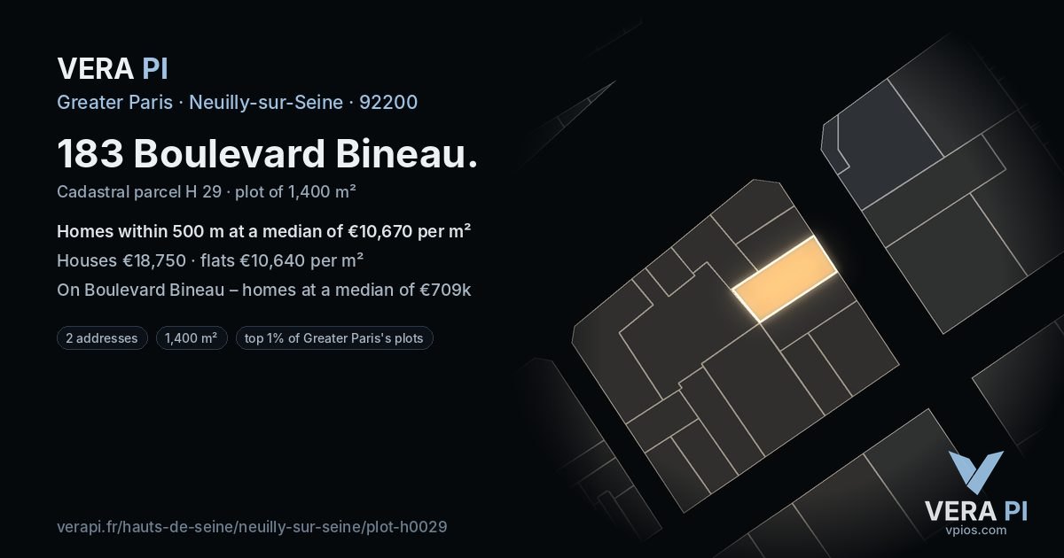 183 Boulevard Bineau, Neuilly-sur-Seine at night – the plot lit, the parcels around coloured by the prices near them