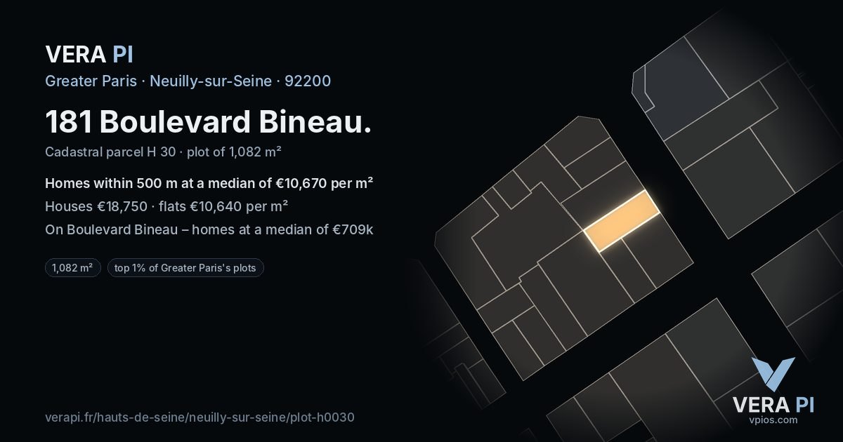 181 Boulevard Bineau, Neuilly-sur-Seine at night – the plot lit, the parcels around coloured by the prices near them