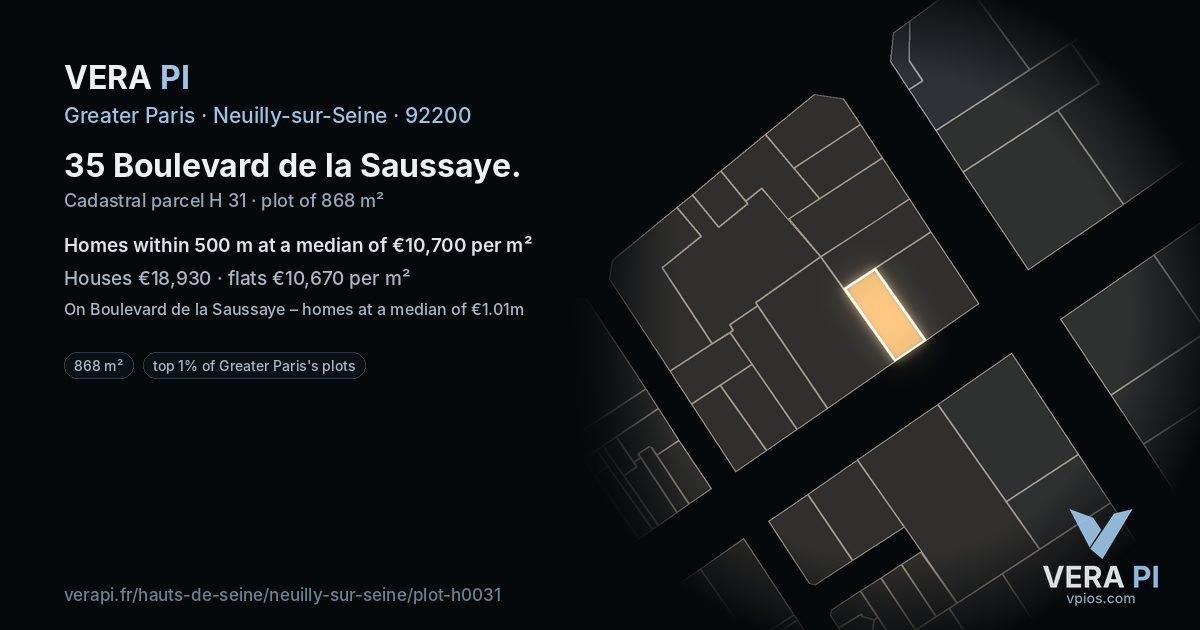 35 Boulevard de la Saussaye, Neuilly-sur-Seine at night – the plot lit, the parcels around coloured by the prices near them