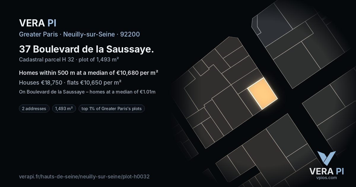 37 Boulevard de la Saussaye, Neuilly-sur-Seine at night – the plot lit, the parcels around coloured by the prices near them