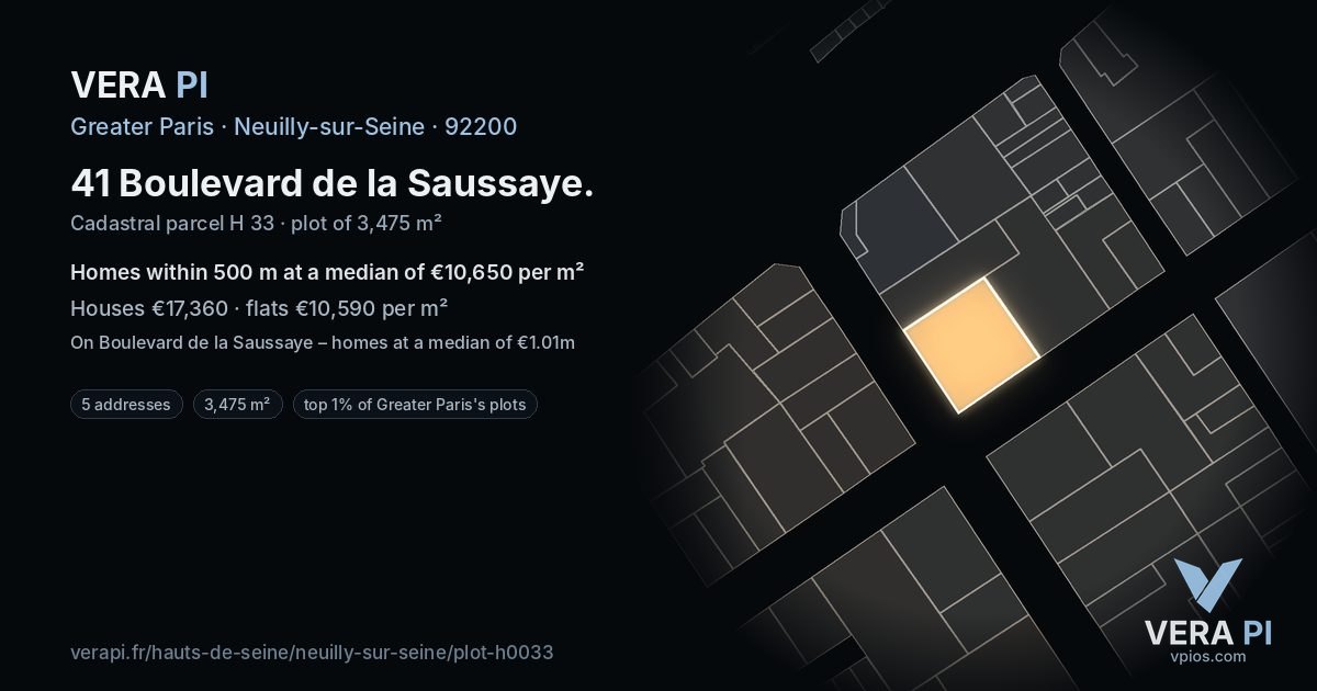 41 Boulevard de la Saussaye, Neuilly-sur-Seine at night – the plot lit, the parcels around coloured by the prices near them