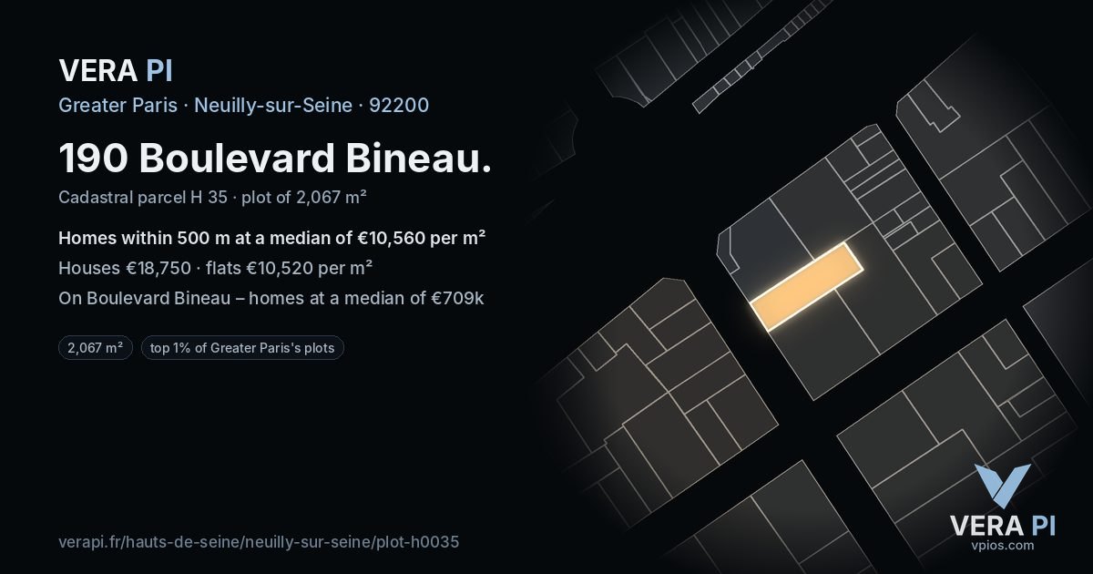 190 Boulevard Bineau, Neuilly-sur-Seine at night – the plot lit, the parcels around coloured by the prices near them