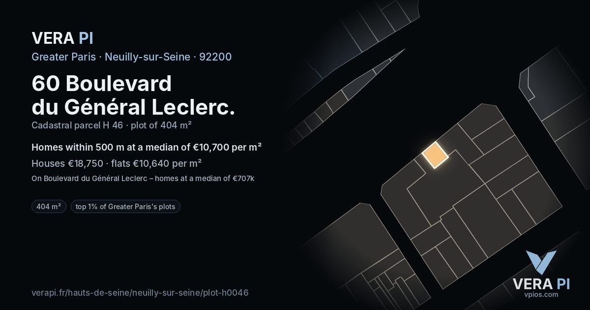 60 Boulevard du Général Leclerc, Neuilly-sur-Seine at night – the plot lit, the parcels around coloured by the prices near them