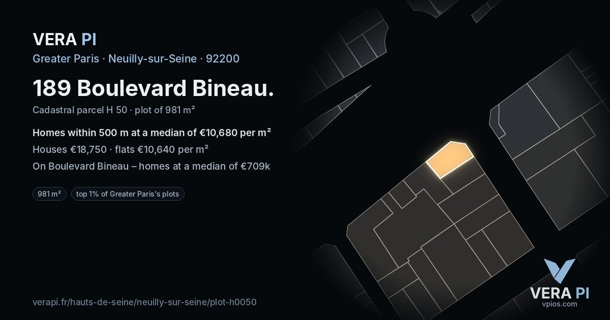 189 Boulevard Bineau, Neuilly-sur-Seine at night – the plot lit, the parcels around coloured by the prices near them