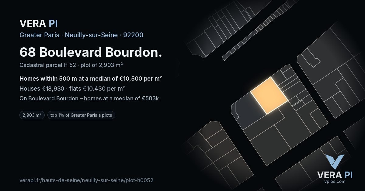 68 Boulevard Bourdon, Neuilly-sur-Seine at night – the plot lit, the parcels around coloured by the prices near them