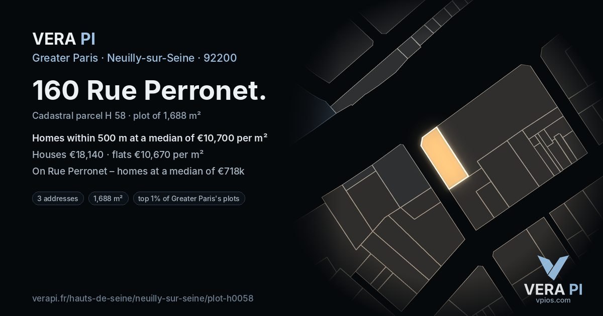 160 Rue Perronet, Neuilly-sur-Seine at night – the plot lit, the parcels around coloured by the prices near them