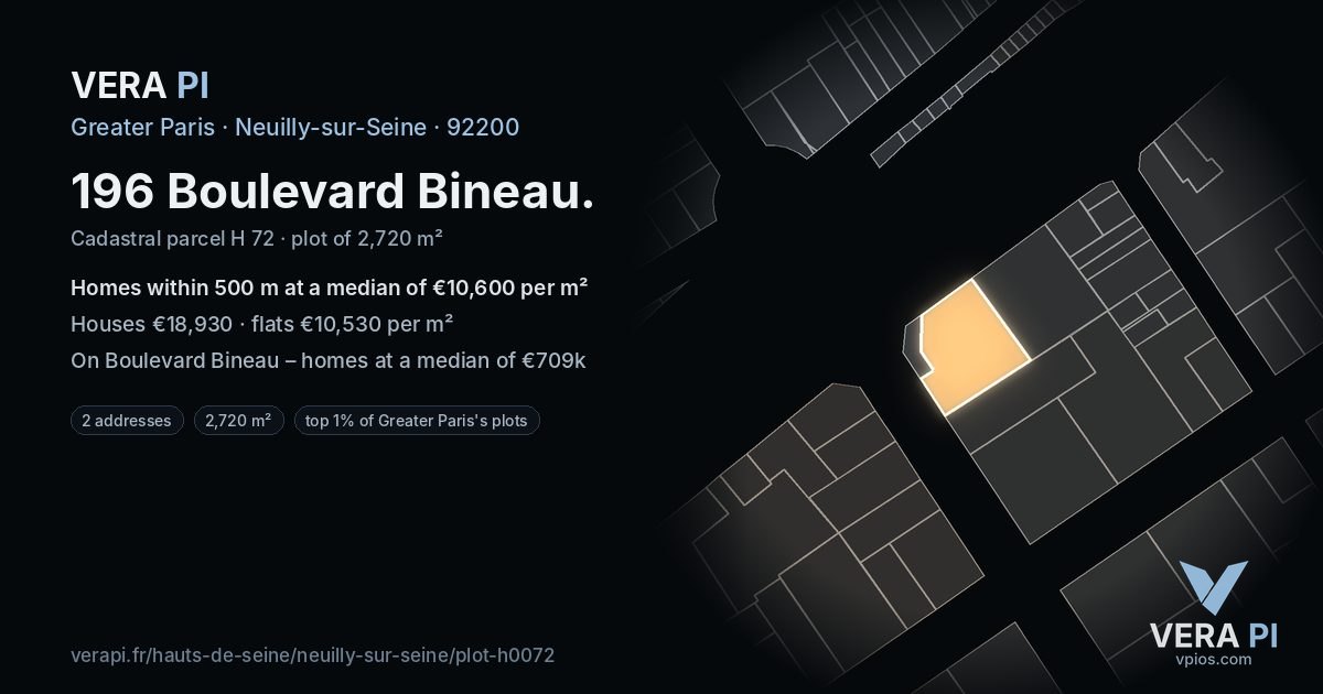 196 Boulevard Bineau, Neuilly-sur-Seine at night – the plot lit, the parcels around coloured by the prices near them