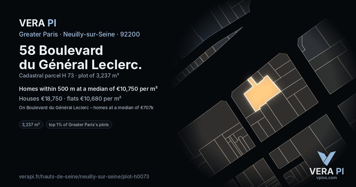 58 Boulevard du Général Leclerc, Neuilly-sur-Seine at night – the plot lit, the parcels around coloured by the prices near them