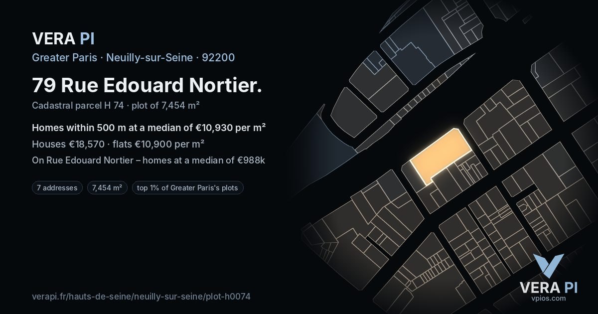 79 Rue Edouard Nortier, Neuilly-sur-Seine at night – the plot lit, the parcels around coloured by the prices near them