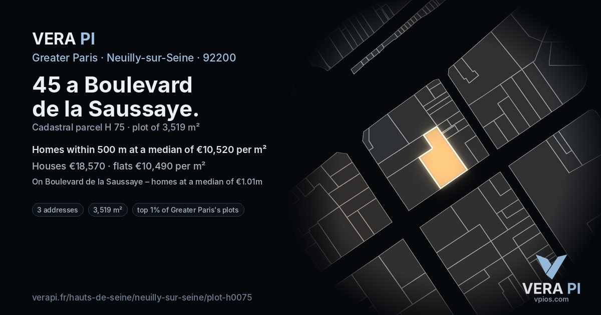 45 a Boulevard de la Saussaye, Neuilly-sur-Seine at night – the plot lit, the parcels around coloured by the prices near them