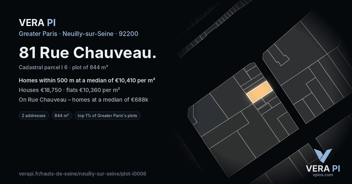 81 Rue Chauveau, Neuilly-sur-Seine at night – the plot lit, the parcels around coloured by the prices near them