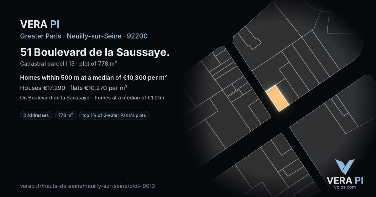 51 Boulevard de la Saussaye, Neuilly-sur-Seine at night – the plot lit, the parcels around coloured by the prices near them