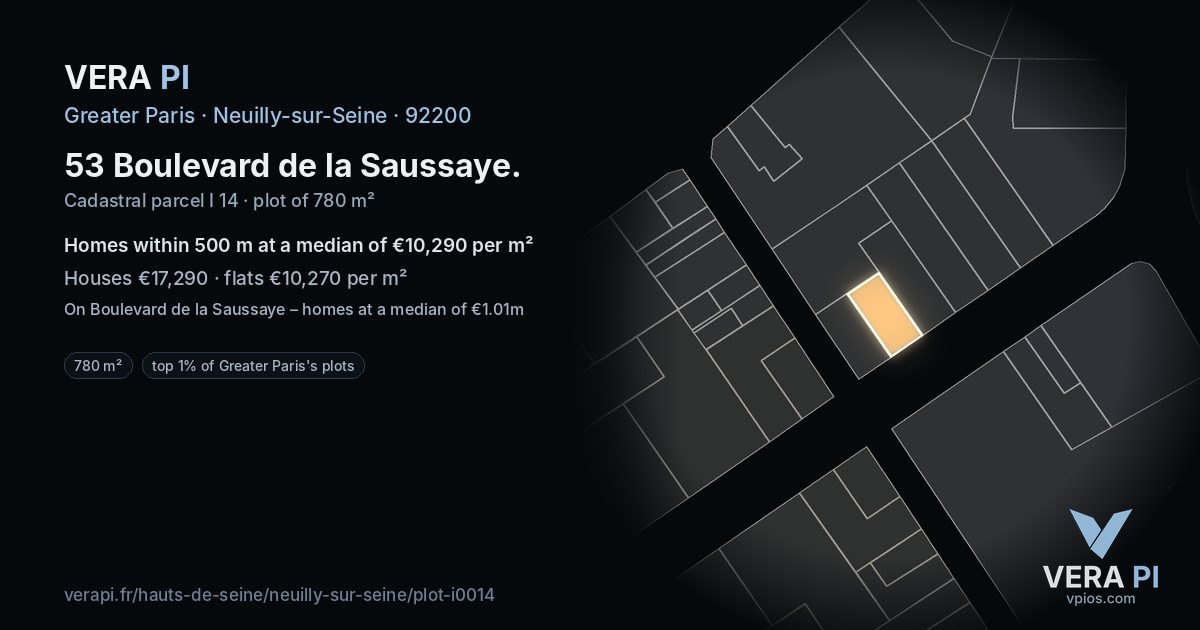 53 Boulevard de la Saussaye, Neuilly-sur-Seine at night – the plot lit, the parcels around coloured by the prices near them