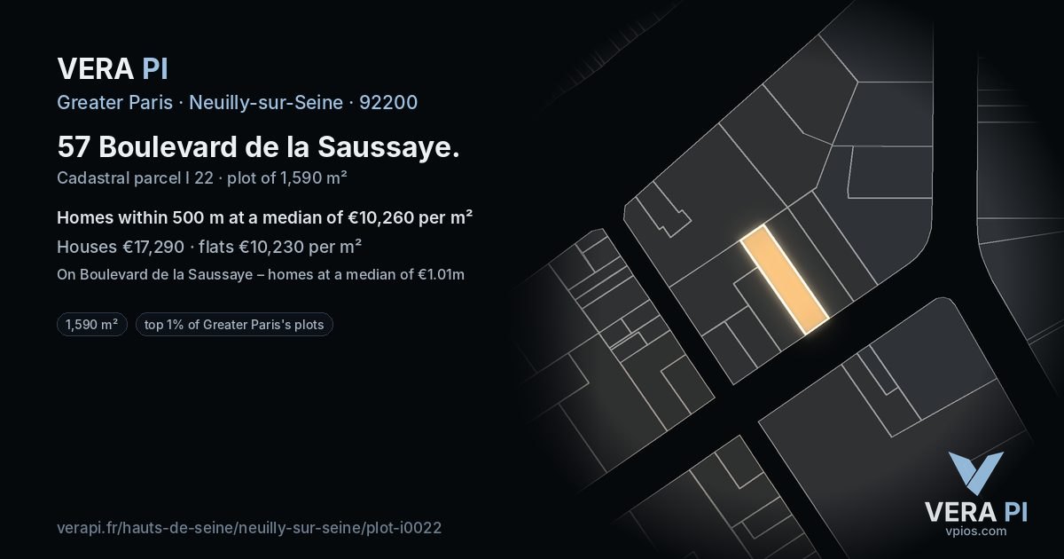 57 Boulevard de la Saussaye, Neuilly-sur-Seine at night – the plot lit, the parcels around coloured by the prices near them