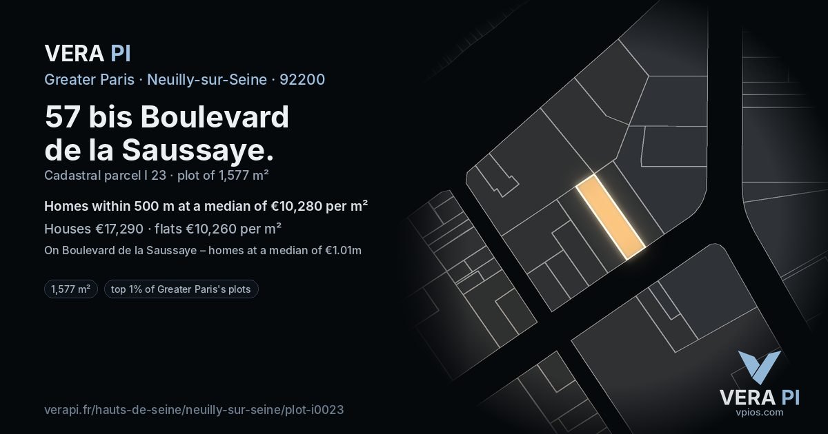 57 bis Boulevard de la Saussaye, Neuilly-sur-Seine at night – the plot lit, the parcels around coloured by the prices near them