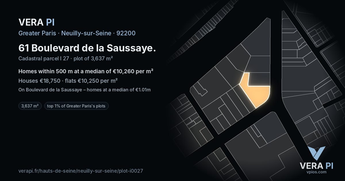 61 Boulevard de la Saussaye, Neuilly-sur-Seine at night – the plot lit, the parcels around coloured by the prices near them