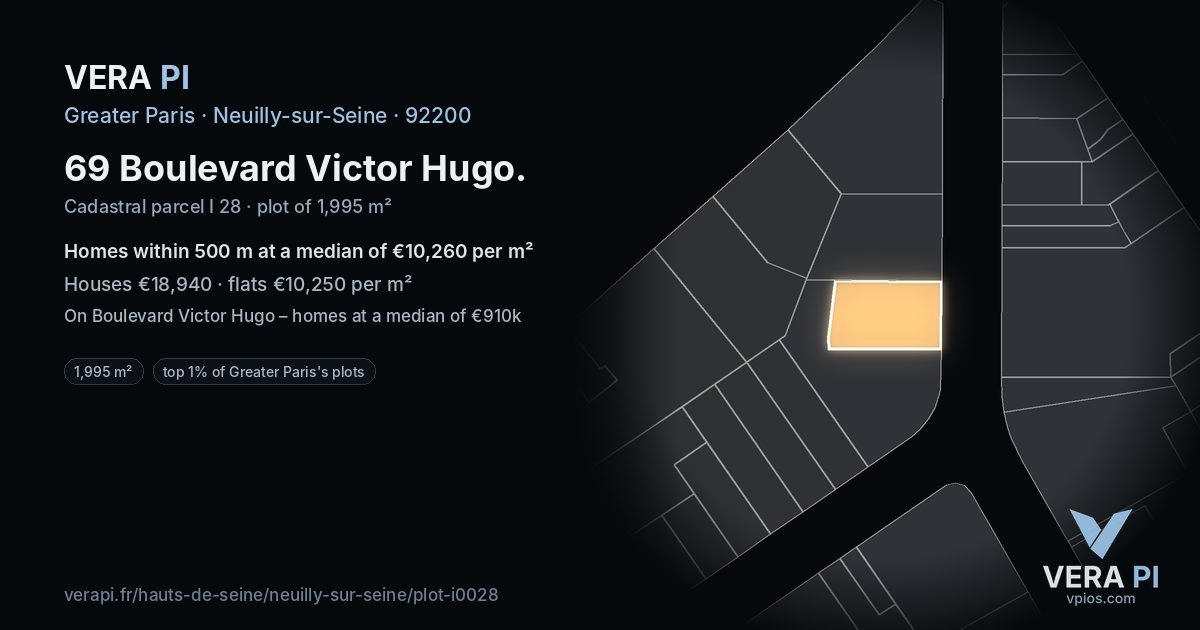 69 Boulevard Victor Hugo, Neuilly-sur-Seine at night – the plot lit, the parcels around coloured by the prices near them