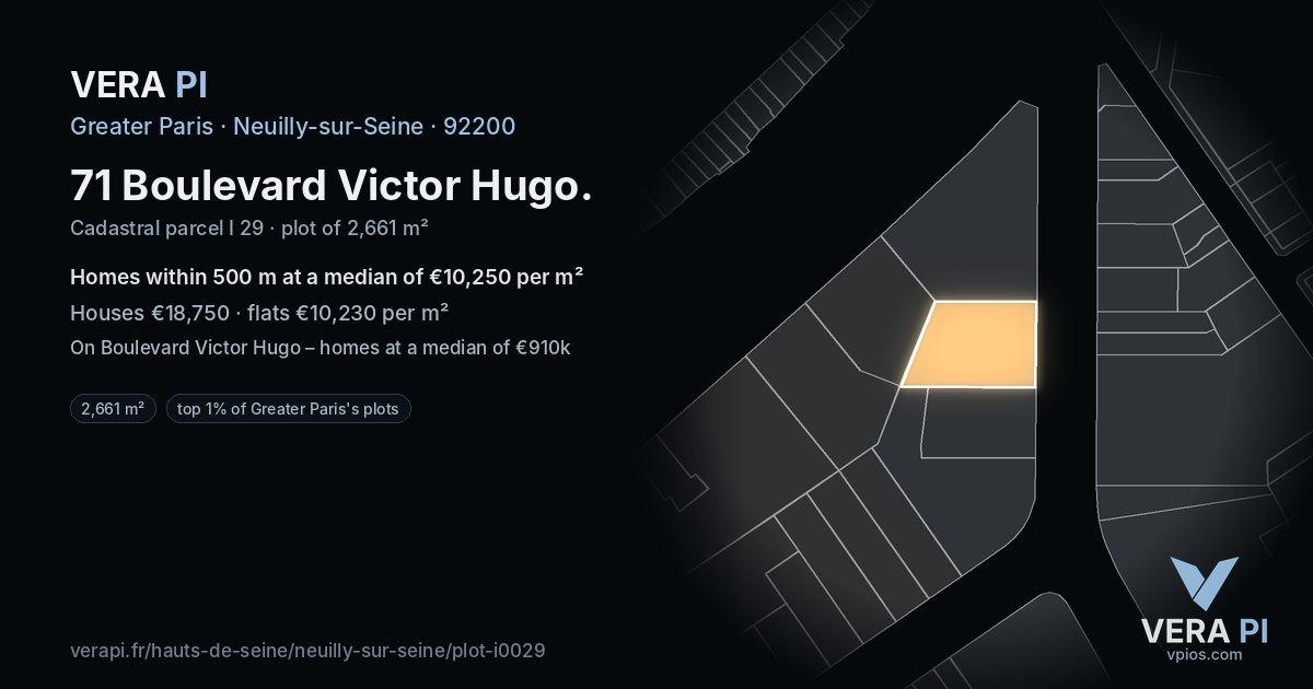 71 Boulevard Victor Hugo, Neuilly-sur-Seine at night – the plot lit, the parcels around coloured by the prices near them