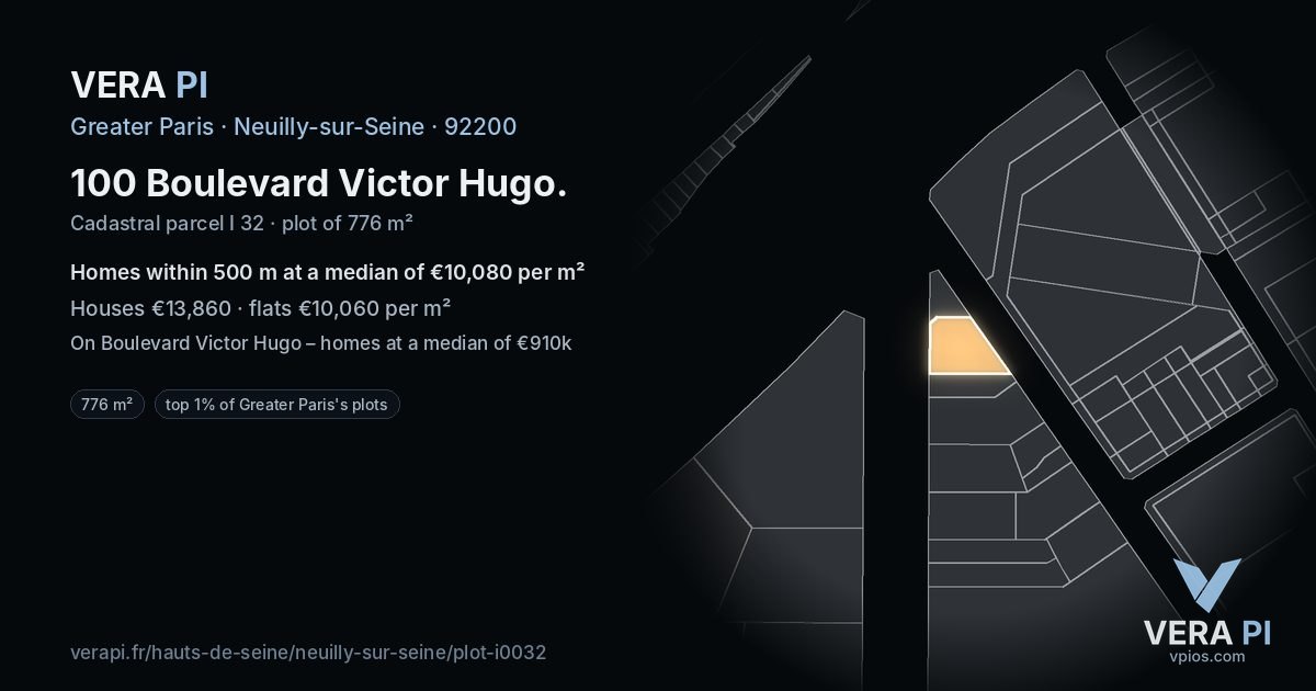100 Boulevard Victor Hugo, Neuilly-sur-Seine at night – the plot lit, the parcels around coloured by the prices near them