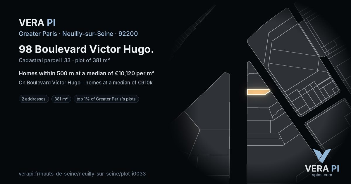 98 Boulevard Victor Hugo, Neuilly-sur-Seine at night – the plot lit, the parcels around coloured by the prices near them