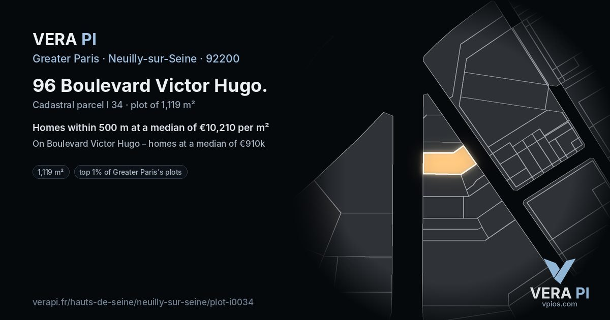 96 Boulevard Victor Hugo, Neuilly-sur-Seine at night – the plot lit, the parcels around coloured by the prices near them