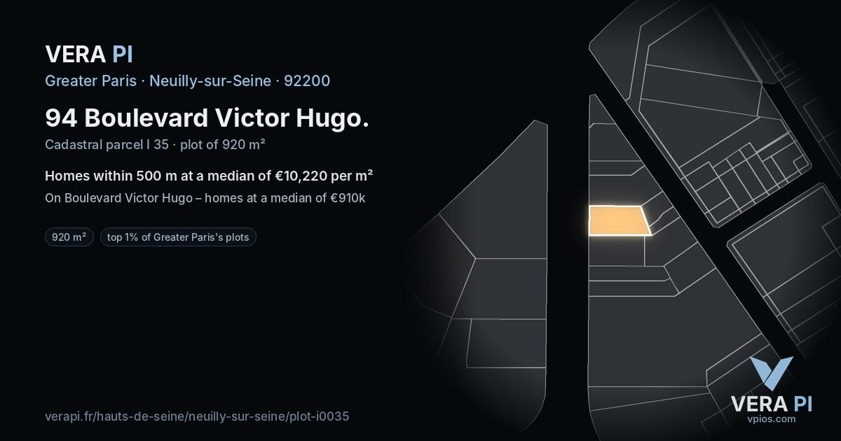 94 Boulevard Victor Hugo, Neuilly-sur-Seine at night – the plot lit, the parcels around coloured by the prices near them