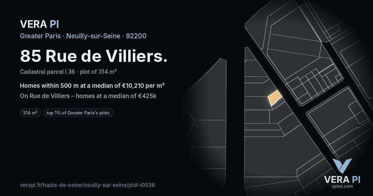 85 Rue de Villiers, Neuilly-sur-Seine at night – the plot lit, the parcels around coloured by the prices near them