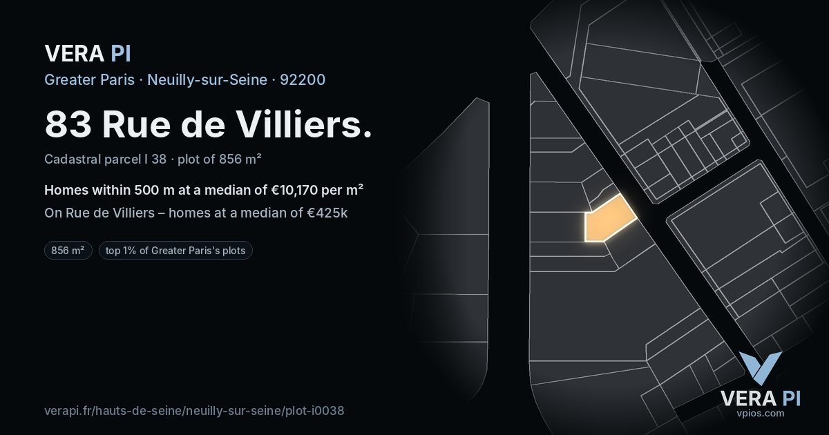 83 Rue de Villiers, Neuilly-sur-Seine at night – the plot lit, the parcels around coloured by the prices near them