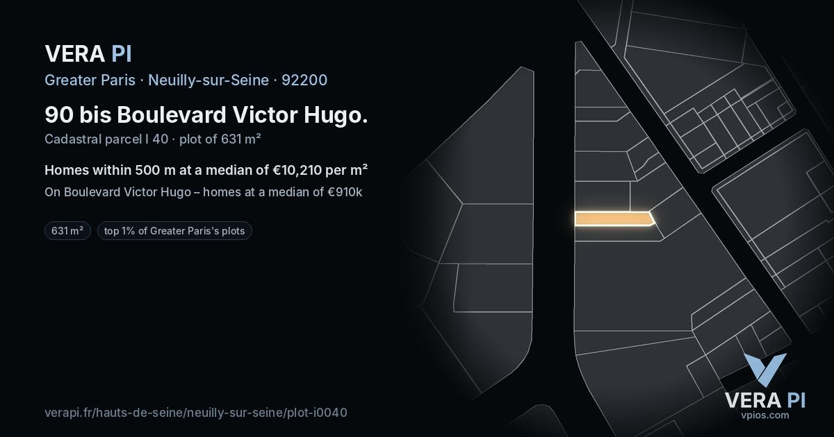 90 bis Boulevard Victor Hugo, Neuilly-sur-Seine at night – the plot lit, the parcels around coloured by the prices near them