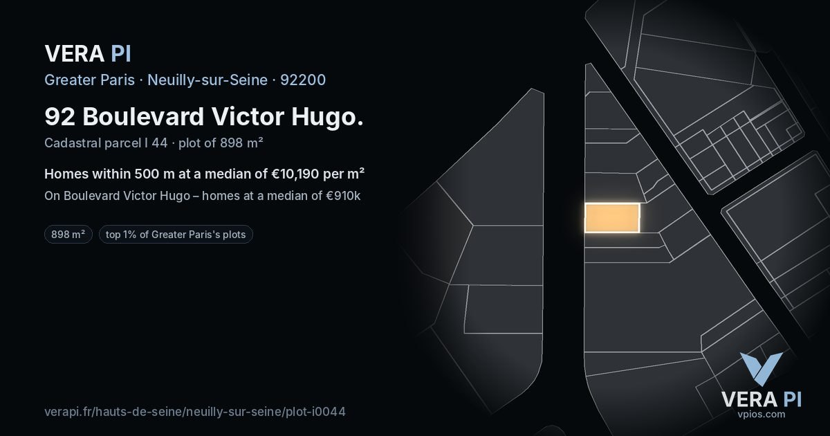 92 Boulevard Victor Hugo, Neuilly-sur-Seine at night – the plot lit, the parcels around coloured by the prices near them