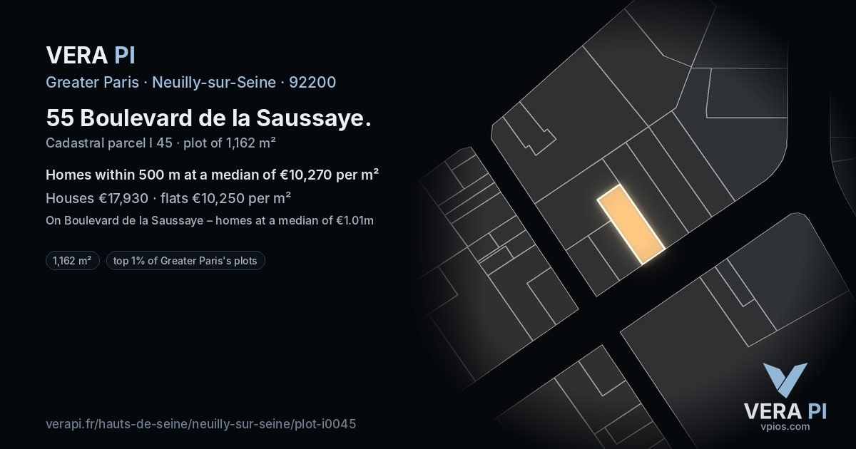 55 Boulevard de la Saussaye, Neuilly-sur-Seine at night – the plot lit, the parcels around coloured by the prices near them