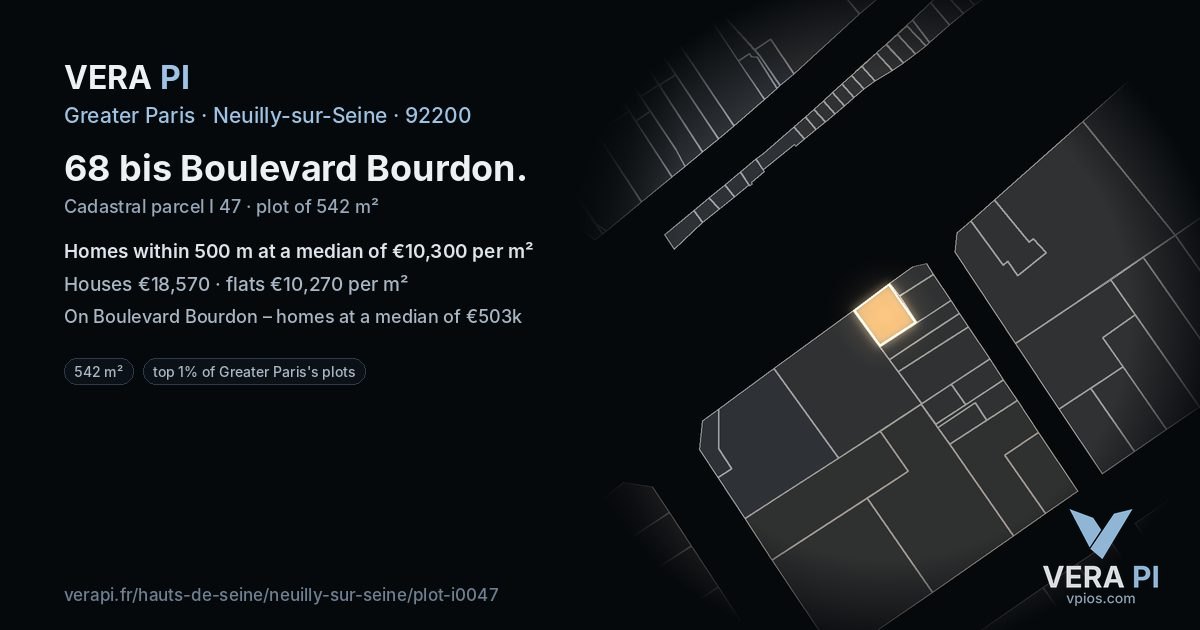 68 bis Boulevard Bourdon, Neuilly-sur-Seine at night – the plot lit, the parcels around coloured by the prices near them