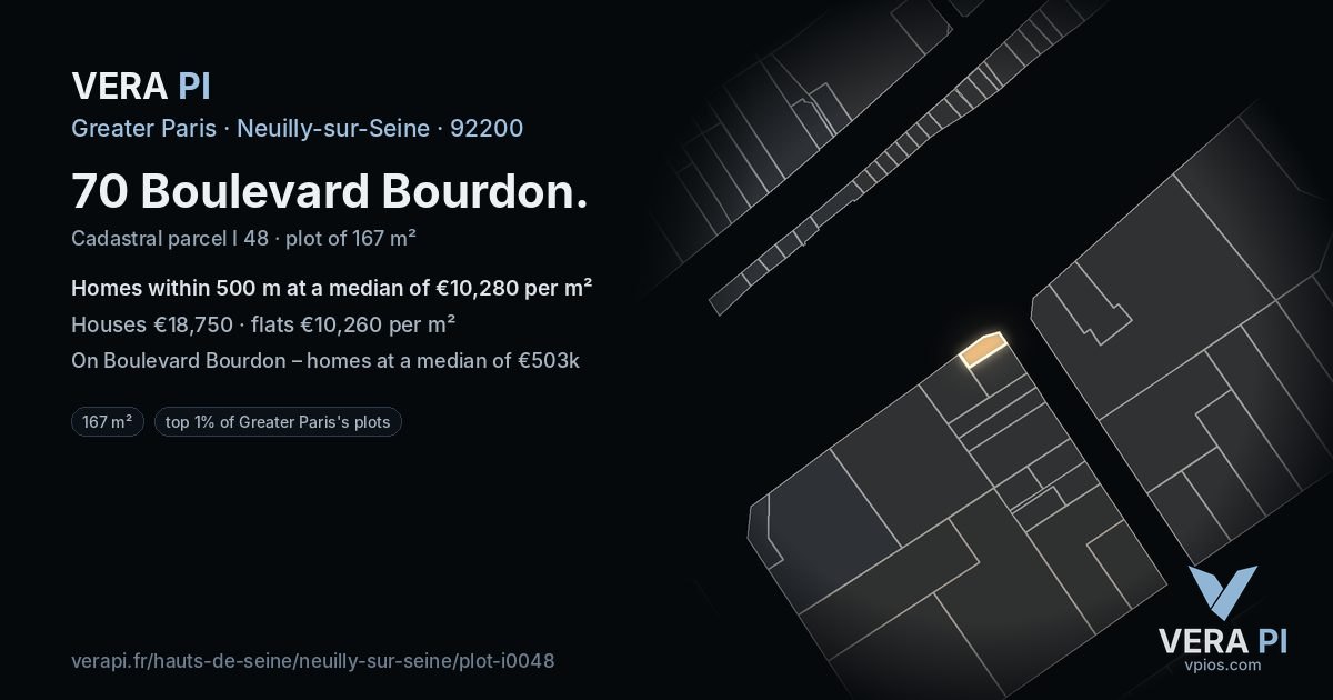 70 Boulevard Bourdon, Neuilly-sur-Seine at night – the plot lit, the parcels around coloured by the prices near them