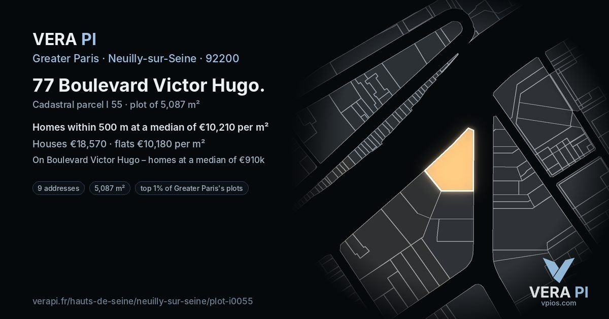 77 Boulevard Victor Hugo, Neuilly-sur-Seine at night – the plot lit, the parcels around coloured by the prices near them