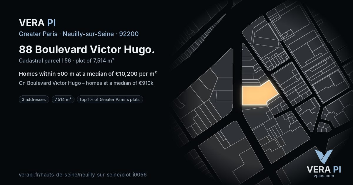 88 Boulevard Victor Hugo, Neuilly-sur-Seine at night – the plot lit, the parcels around coloured by the prices near them