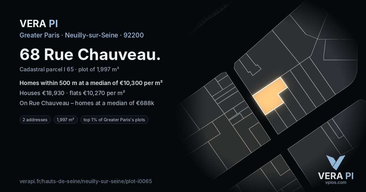 68 Rue Chauveau, Neuilly-sur-Seine at night – the plot lit, the parcels around coloured by the prices near them
