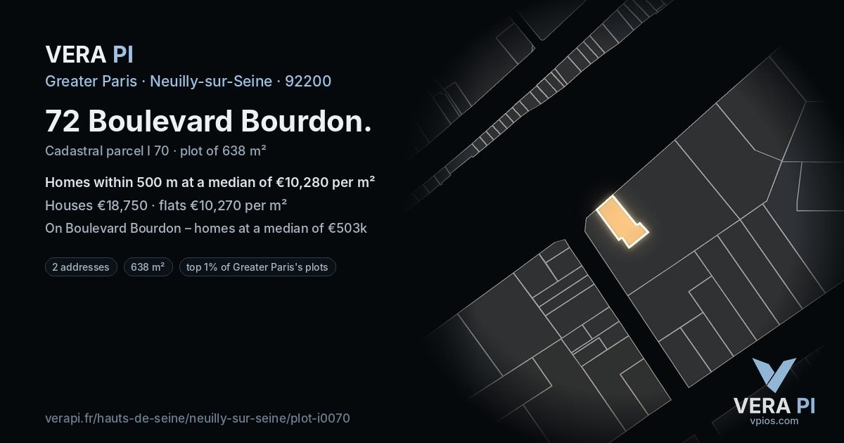 72 Boulevard Bourdon, Neuilly-sur-Seine at night – the plot lit, the parcels around coloured by the prices near them