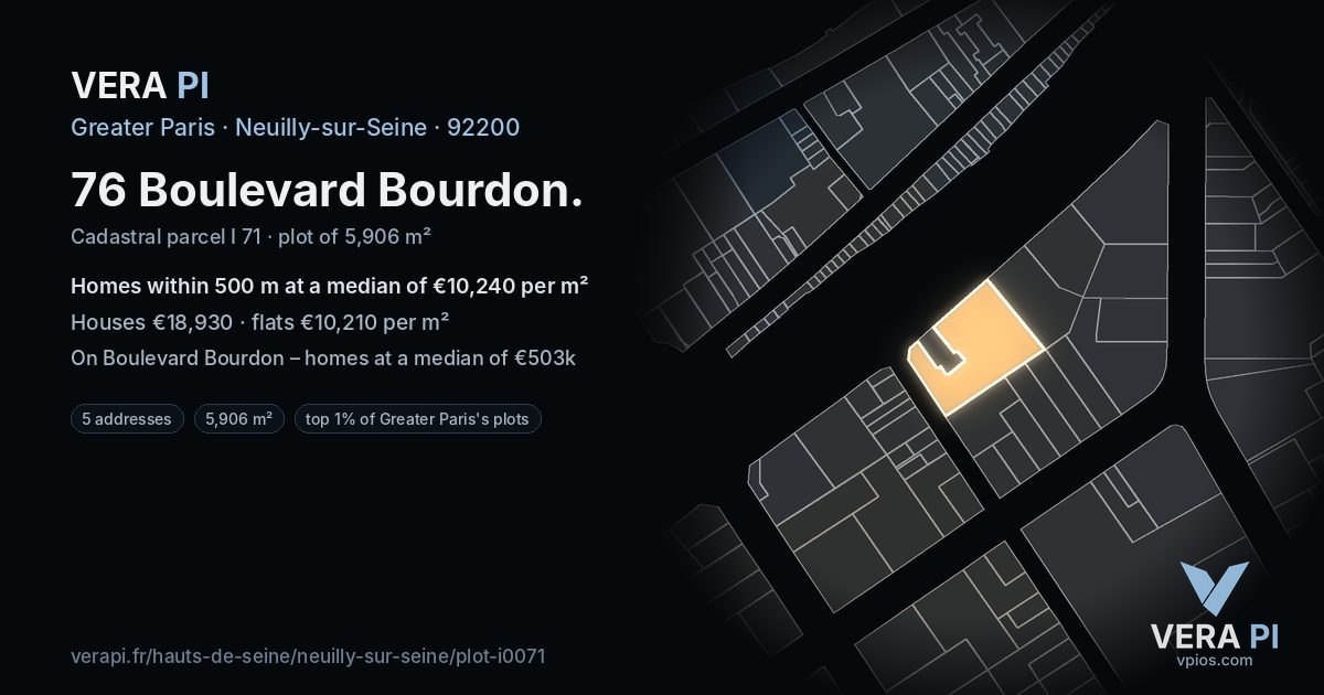 76 Boulevard Bourdon, Neuilly-sur-Seine at night – the plot lit, the parcels around coloured by the prices near them