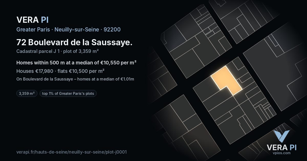 72 Boulevard de la Saussaye, Neuilly-sur-Seine at night – the plot lit, the parcels around coloured by the prices near them