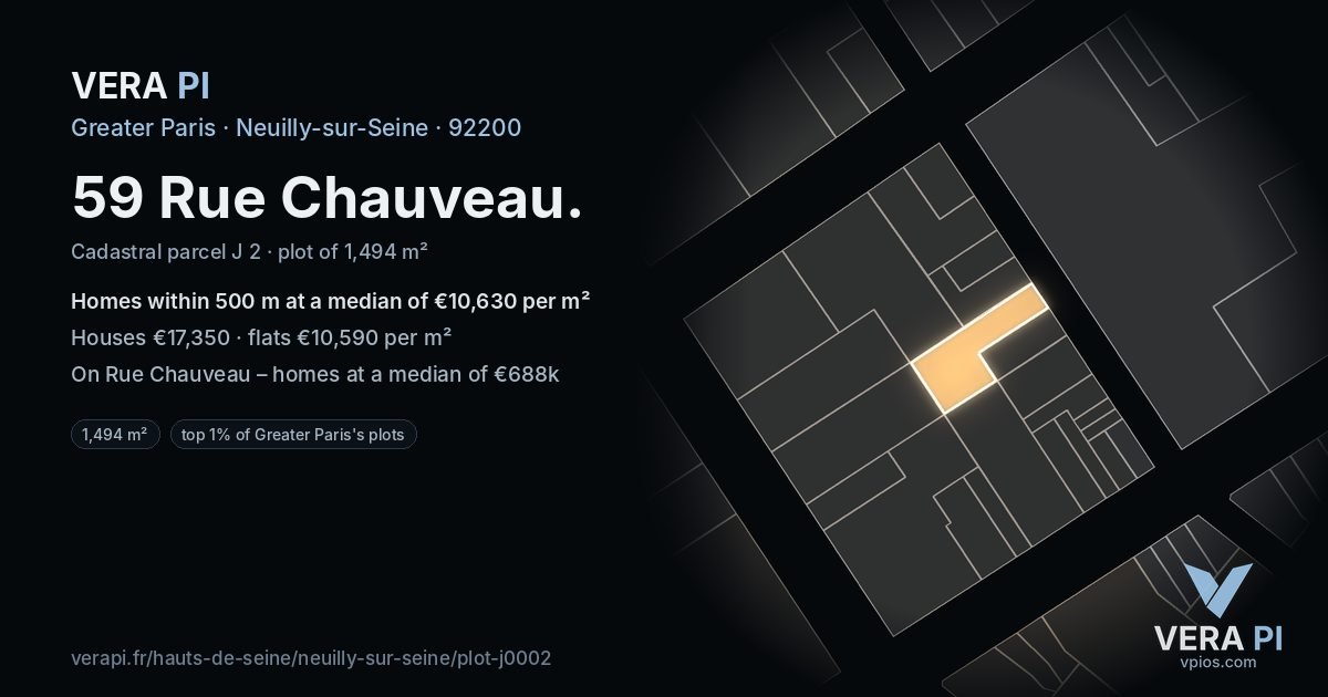 59 Rue Chauveau, Neuilly-sur-Seine at night – the plot lit, the parcels around coloured by the prices near them