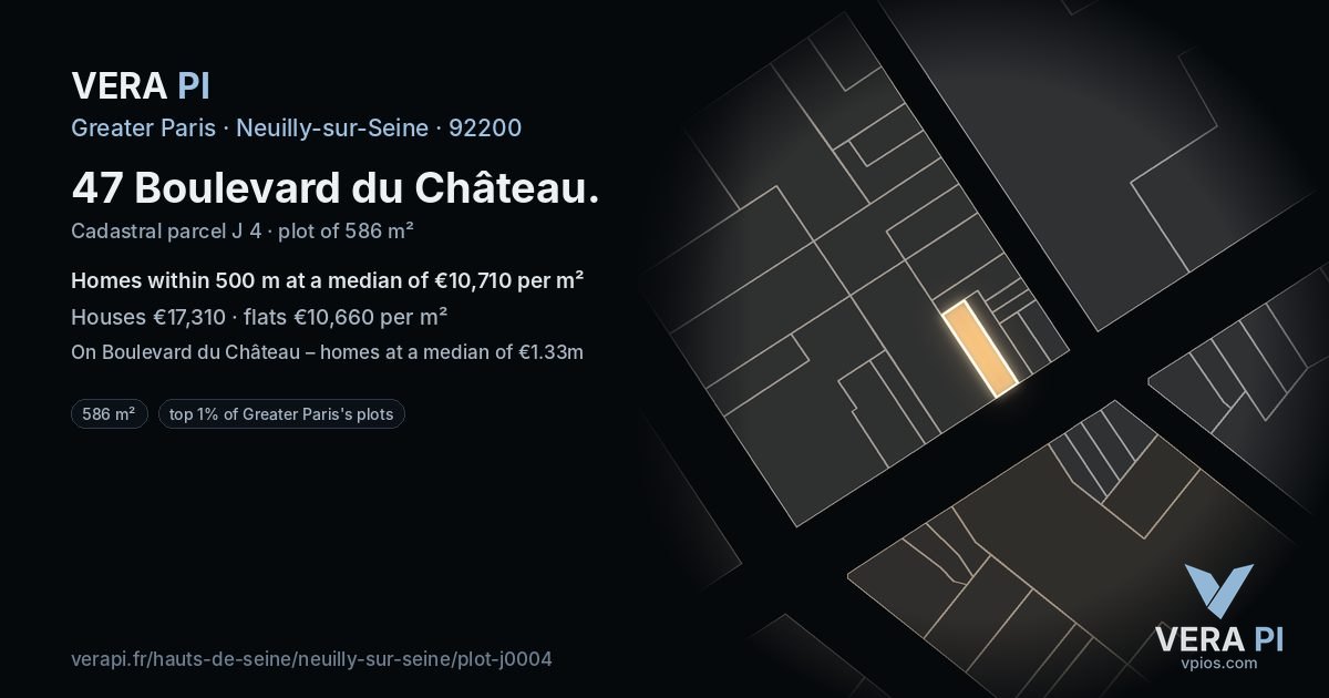 47 Boulevard du Château, Neuilly-sur-Seine at night – the plot lit, the parcels around coloured by the prices near them
