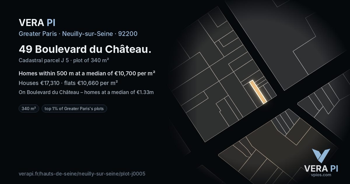 49 Boulevard du Château, Neuilly-sur-Seine at night – the plot lit, the parcels around coloured by the prices near them