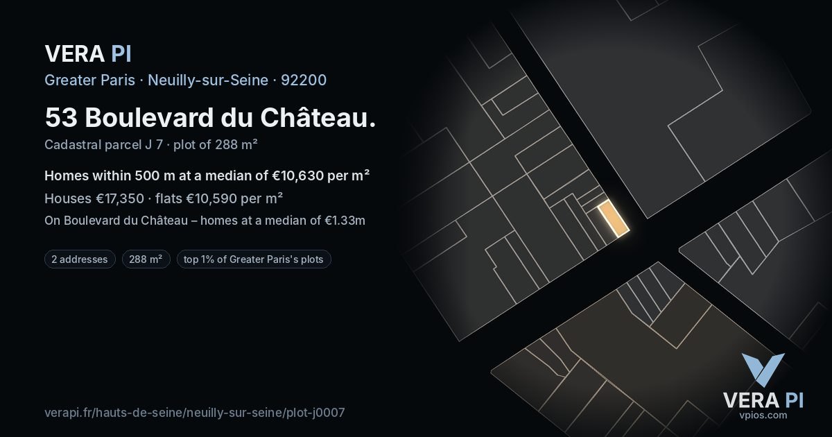 53 Boulevard du Château, Neuilly-sur-Seine at night – the plot lit, the parcels around coloured by the prices near them