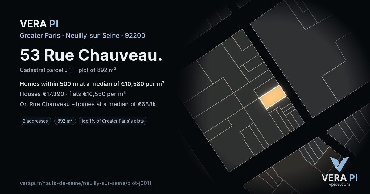 53 Rue Chauveau, Neuilly-sur-Seine at night – the plot lit, the parcels around coloured by the prices near them