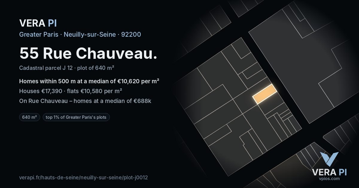 55 Rue Chauveau, Neuilly-sur-Seine at night – the plot lit, the parcels around coloured by the prices near them