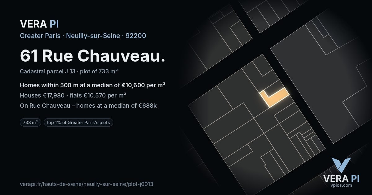 61 Rue Chauveau, Neuilly-sur-Seine at night – the plot lit, the parcels around coloured by the prices near them