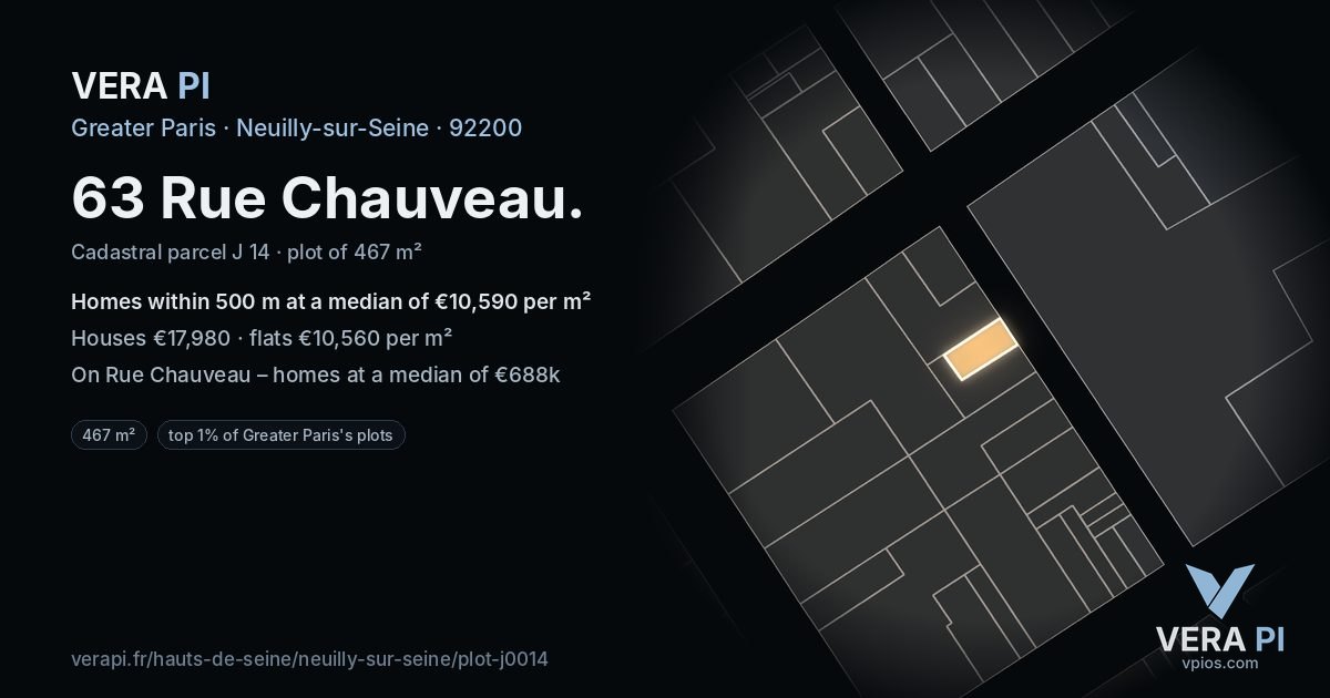 63 Rue Chauveau, Neuilly-sur-Seine at night – the plot lit, the parcels around coloured by the prices near them