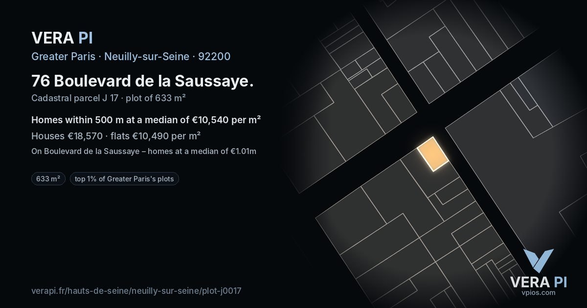 76 Boulevard de la Saussaye, Neuilly-sur-Seine at night – the plot lit, the parcels around coloured by the prices near them