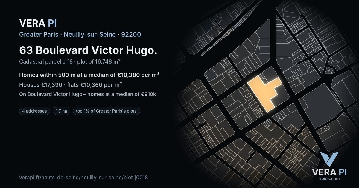 63 Boulevard Victor Hugo, Neuilly-sur-Seine at night – the plot lit, the parcels around coloured by the prices near them